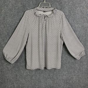 Adrianna Papell 1/4 Button Pullover Slinky Top Black White Balloon Sleeve Ruffle